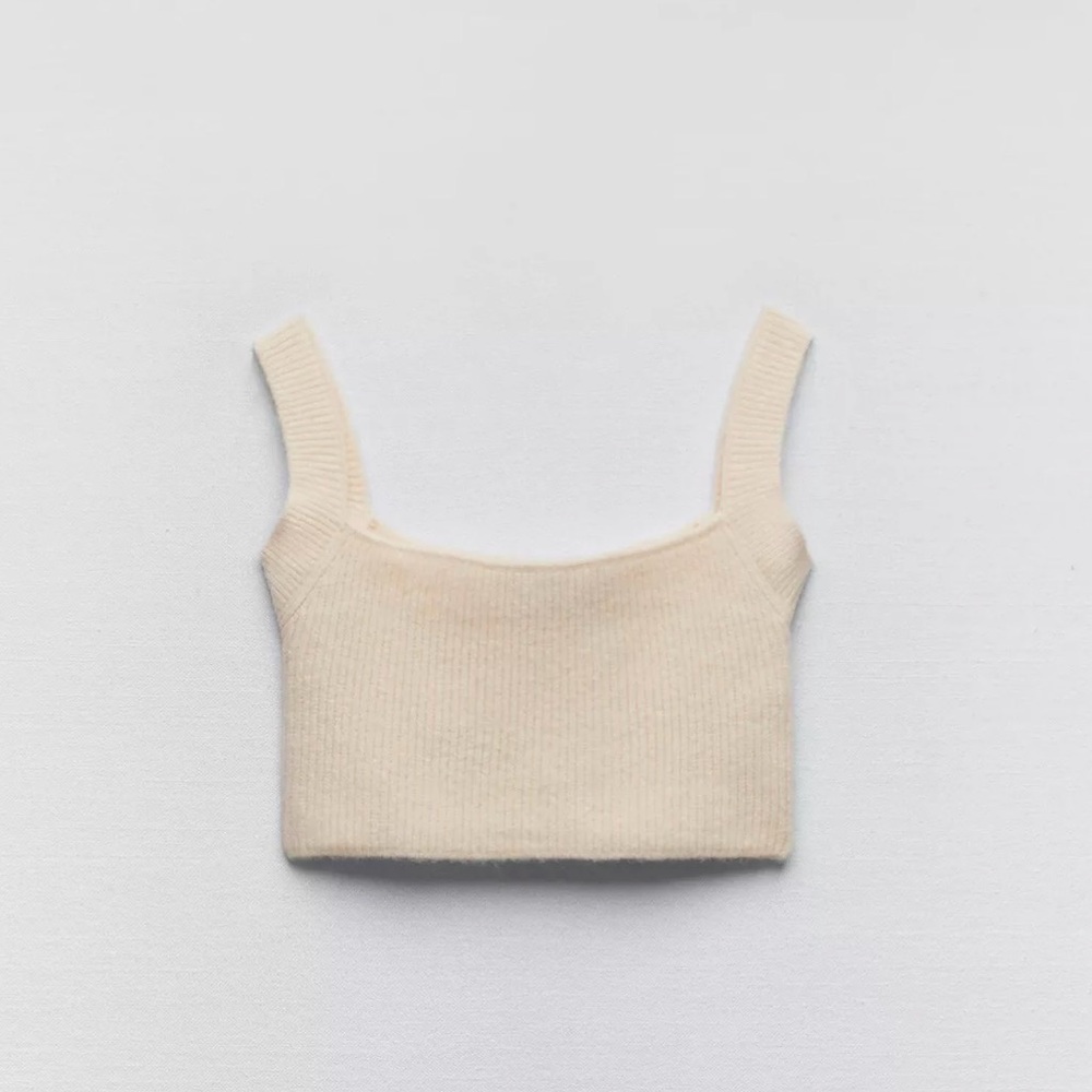 ZARA NWT WOOL BLEND CROP TOP Cream Ecru Knit Size M